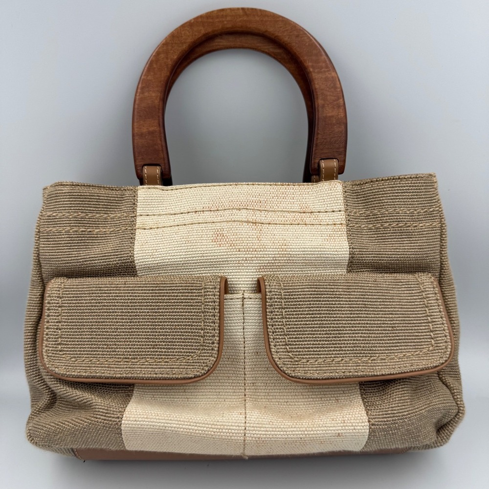 Relic Handbag Beige Canvas Woven Wooden Handle Satchel Bag